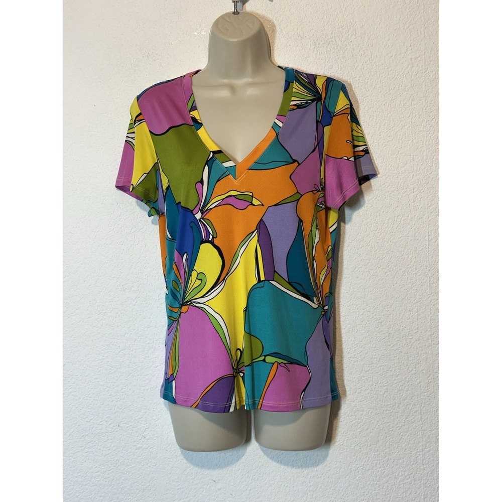 David Meister Womens Large 100% Silk Colorful Short Sleeve‎ Top Retro Mod